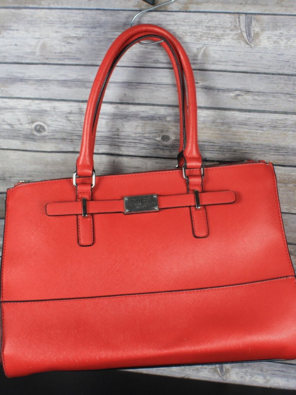 GUESS Women's Red Saffiano Faux Leather Satchel Tote Handbag Purse Shoulder Bag